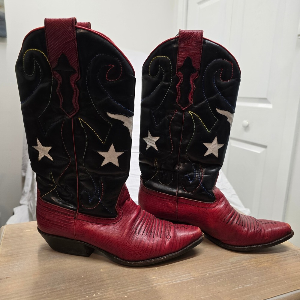 Nine West Red Black Star Western Cowgirl Boots Lizard Embossed Leather 8 1/2M